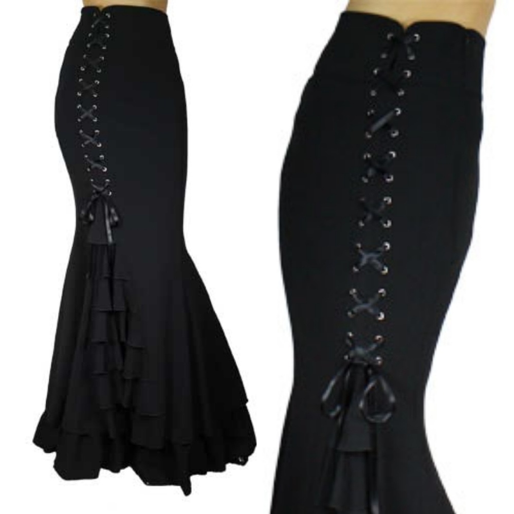 Steampunk Gothic Lace Up Ruffle Long Skirt - Picture 3 of 6